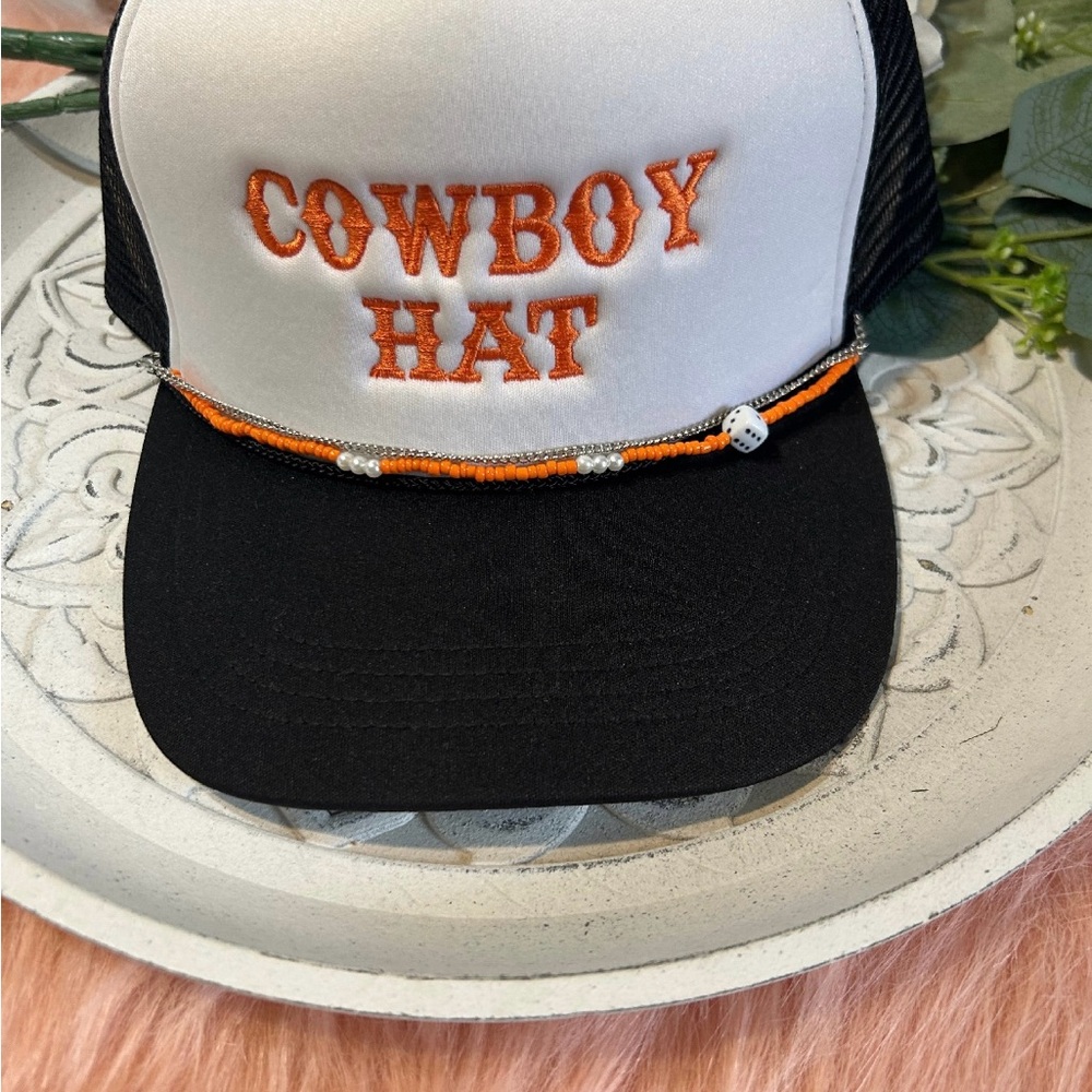 New Cowboy Hat Beaded Trucker Cap - White & Black with Orange Embroidery